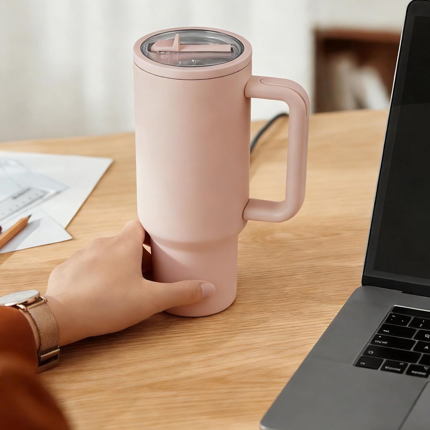 40 oz Insulated Tumbler with Handle and Straw, 100% Leakproof Stainless Steel Water Bottle Travel Mug, Valentine's Day Tumbler, Gifts for Men & Women,Cup Holder Friendly,BPA-Free (Peach pink) - Image 7