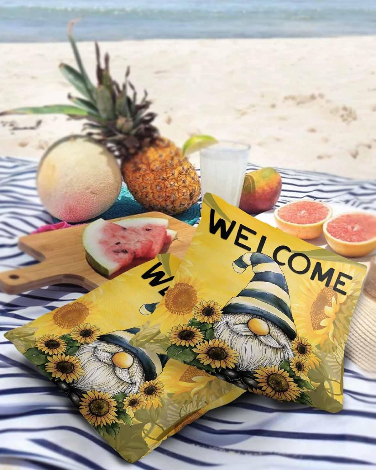 Sunflower Outdoor Waterproof Throw Pillow Covers 24 x 24 Inch Set of 2, Vintage Gnome Pillowcases Decorative Square Cushion Cases for Patio Furniture Couch Porch Garden