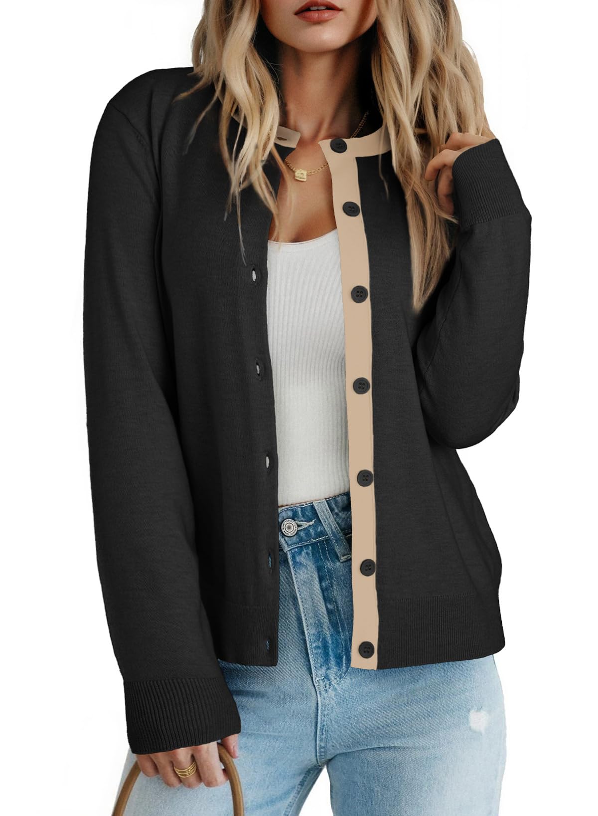 Dokotoo Womens Wool Button Down Lightweight Cardigans Long Sleeve Casual Crew Neck Cardigan Sweaters