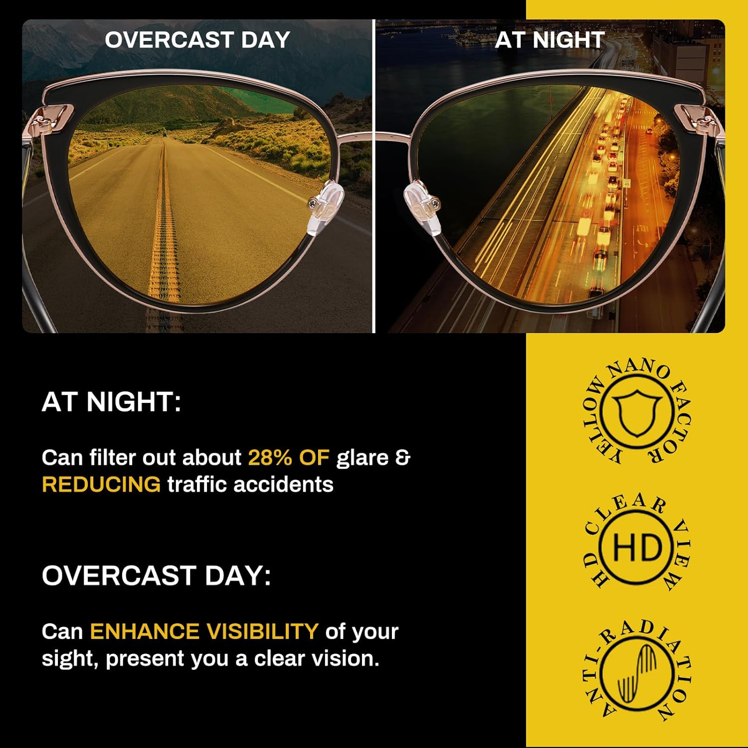 DUCO Cat Eye Polarized Night Vision Glasses for Women, Yellow Tinted Glasses for Night Driving 1222Y - Image 4