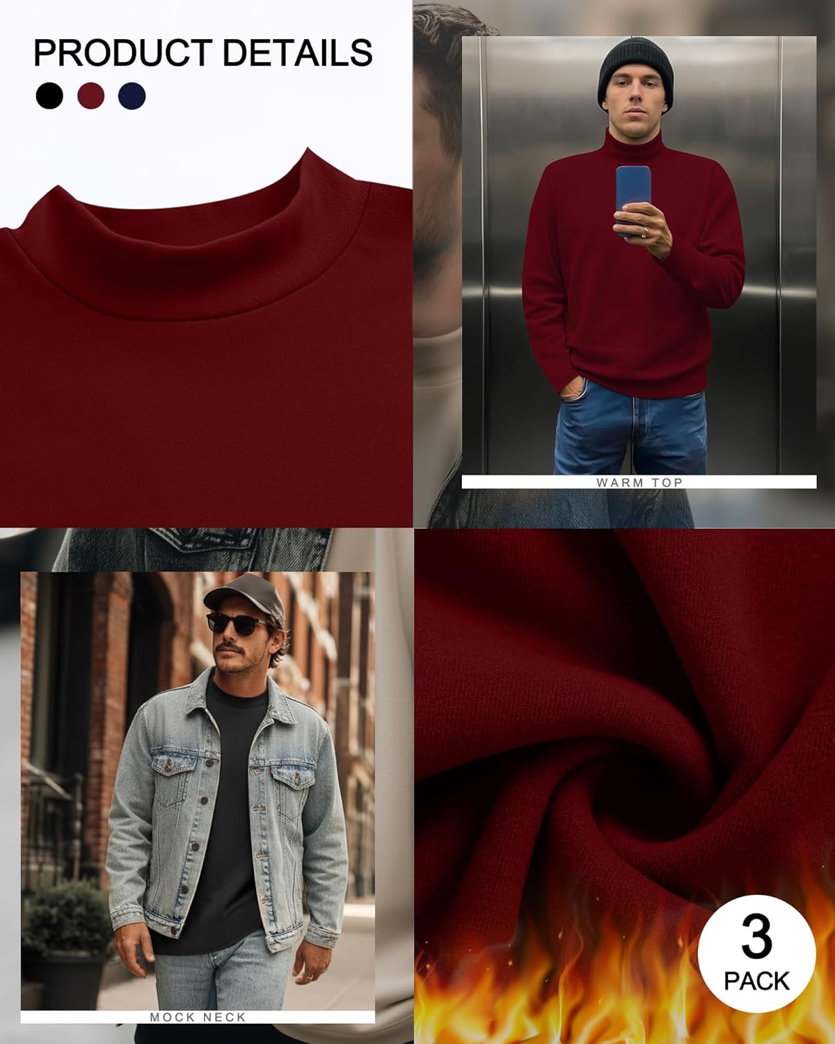 3 Pack Men's Mock Turtleneck Shirts Thermal Long Sleeve Tops Basic Mock Neck Slim Undershirts Pullover Sweaters - Image 4