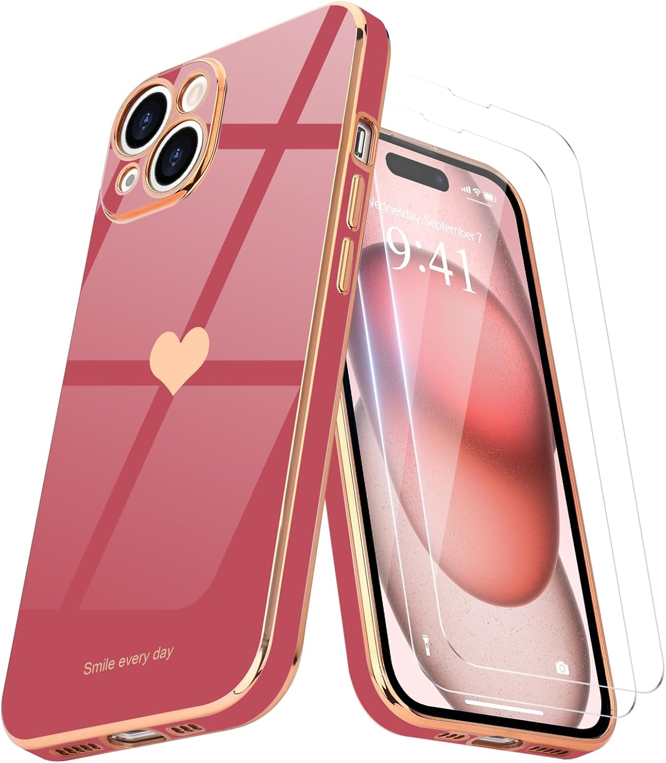 Teageo for iPhone 15 Plus Case for Women Girl Cute Love Heart Luxury Plating Soft Bling Back Cover Raised Full Camera Protection Bumper Silicone Shockproof Phone Case for iPhone 15 Plus, Bright Blush