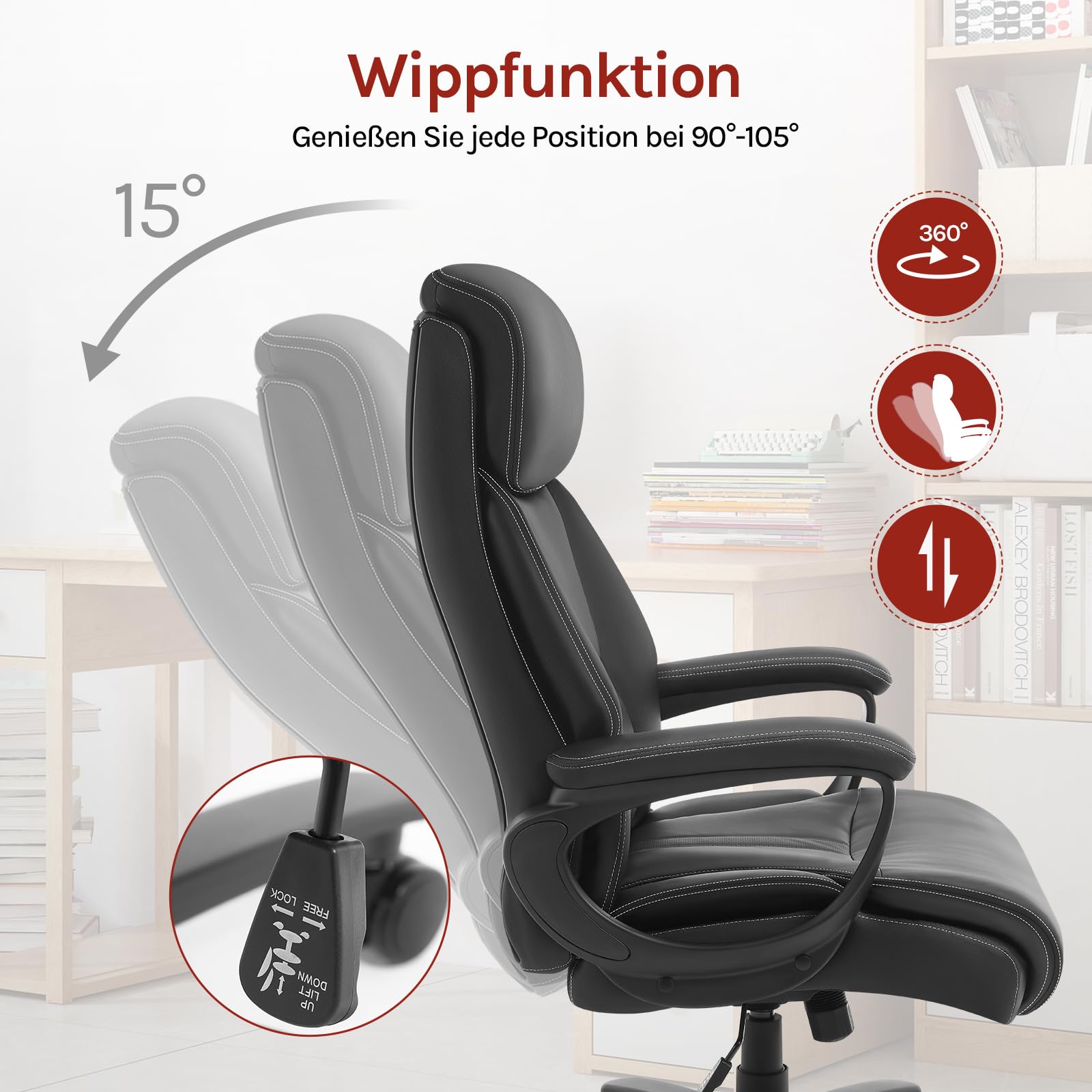 WOLTU Chefsessel 150 kg, Ergonomischer Bürostuhl, Kunstleder, Schwarz | Breite Sitzfläche, Dicker Breiter and Winkeleinstellbar, mit hochelastischem Schaumstoff, BIFMA- und SGS-zertifiziert