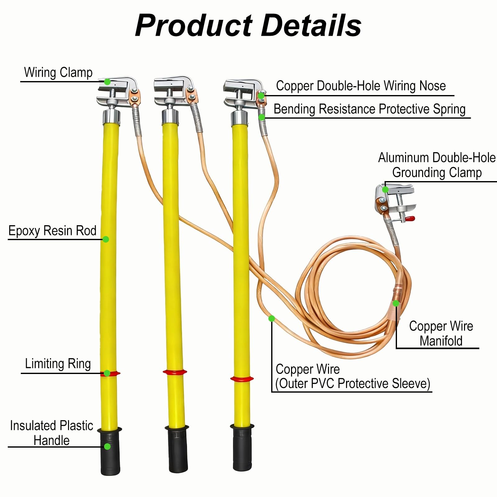Kit de 3 varillas de conexión a tierra de alto voltaje para trabajos eléctricos, mantenimiento de subestación, reparaciones de plantas de energía (1 m + 3 m)