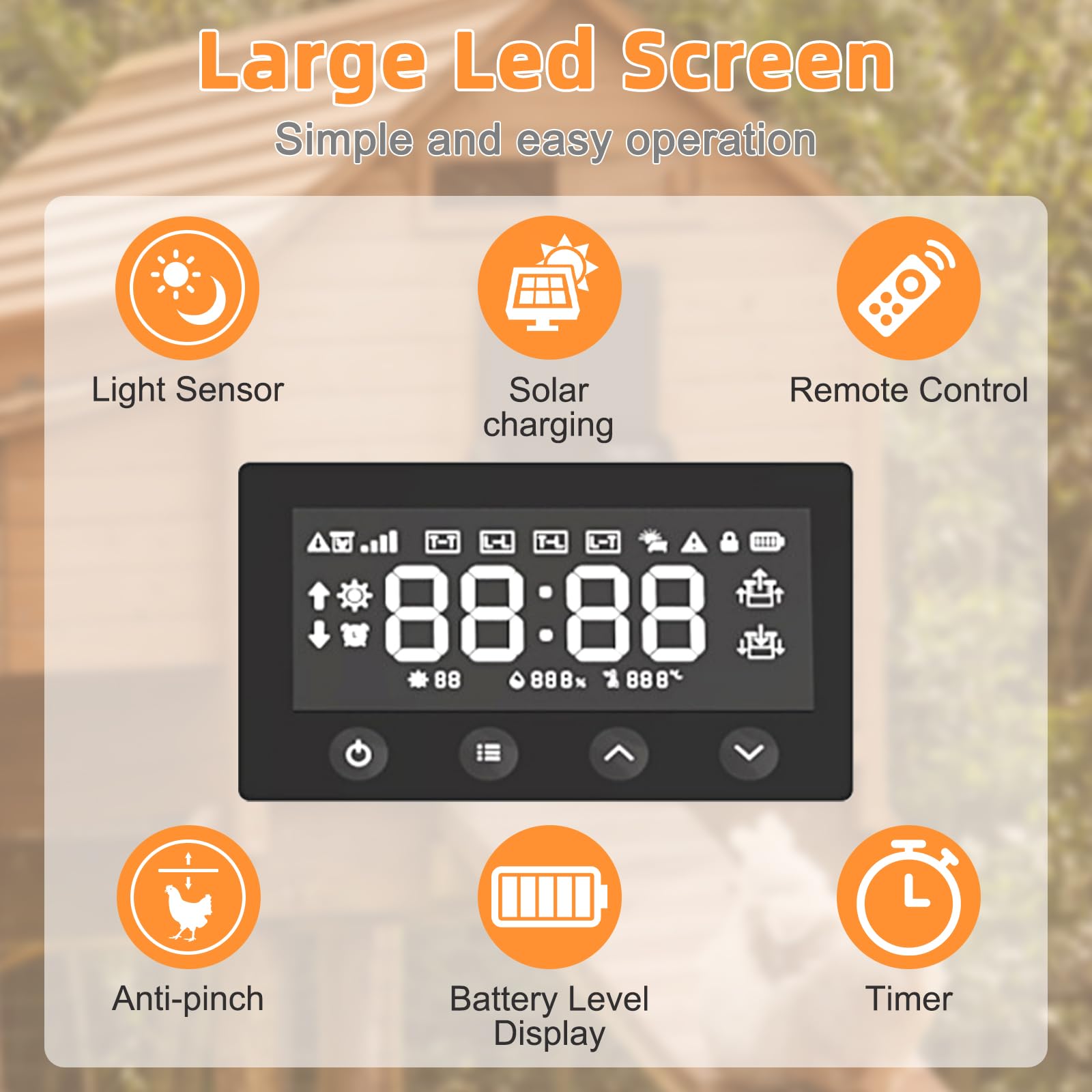 Porta automatica per pollaio, apriporta elettrico ad energia solare con modalità timer/sensore di luce e telecomando, porta automatica per pollaio con batteria da 5000 mAh, schermo LED, anti-pizzica