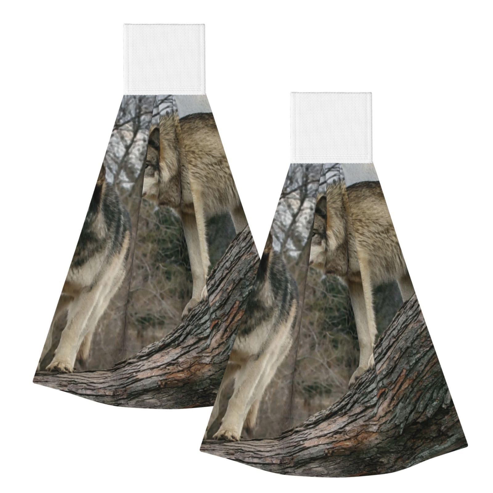 DOPKLNA Wolf Printed, 2 Pcs Hanging Coral Fiber Hand Towels for Bathroom, Absorbent Kitchen Towels
