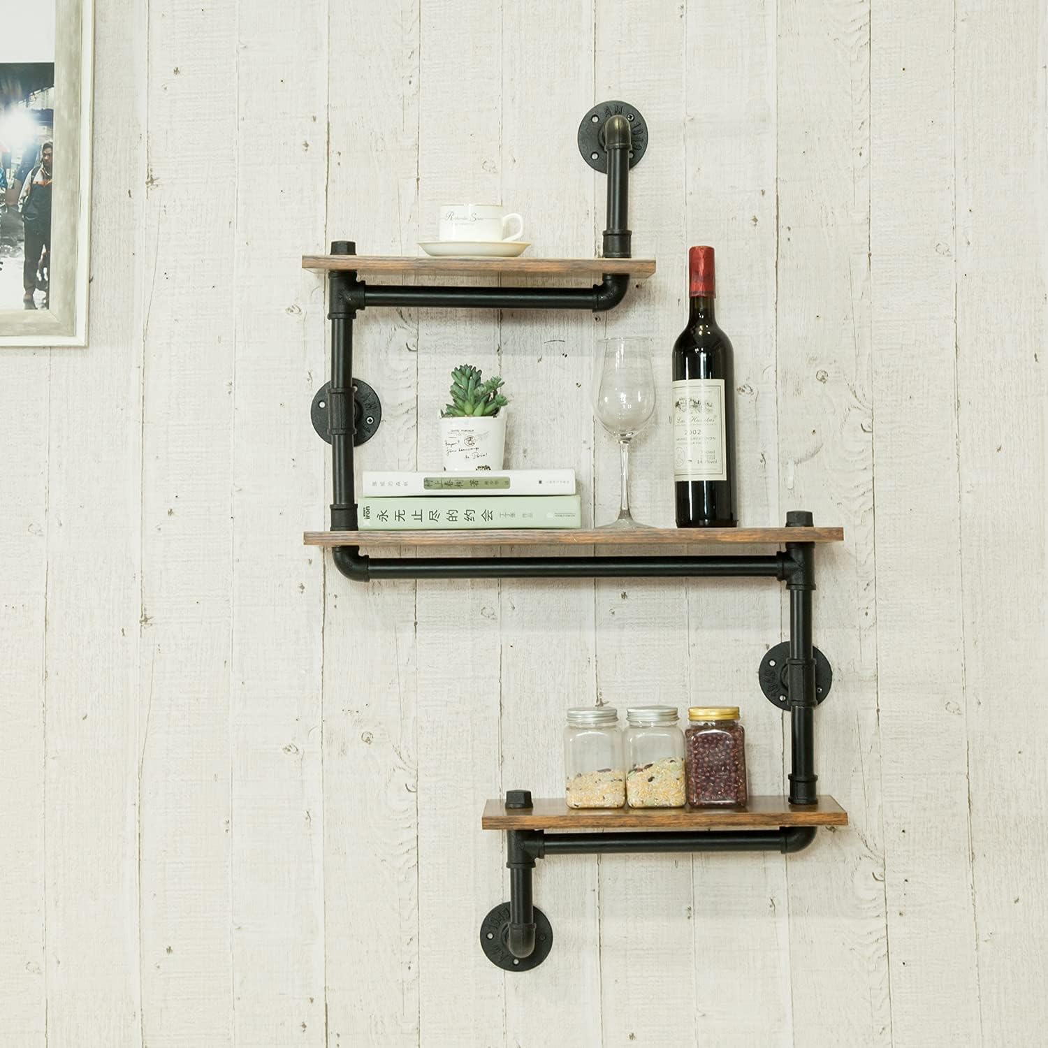 Pipe Shelf, Industrial Pipe Shelving, 3 Tier Wall Book Shelf Shelves Wall Mounted Metal Floating Farmhouse Wall Rustic Decor Bookcase for Bathroom Bedroom Living Room Kitchen… - Image 2