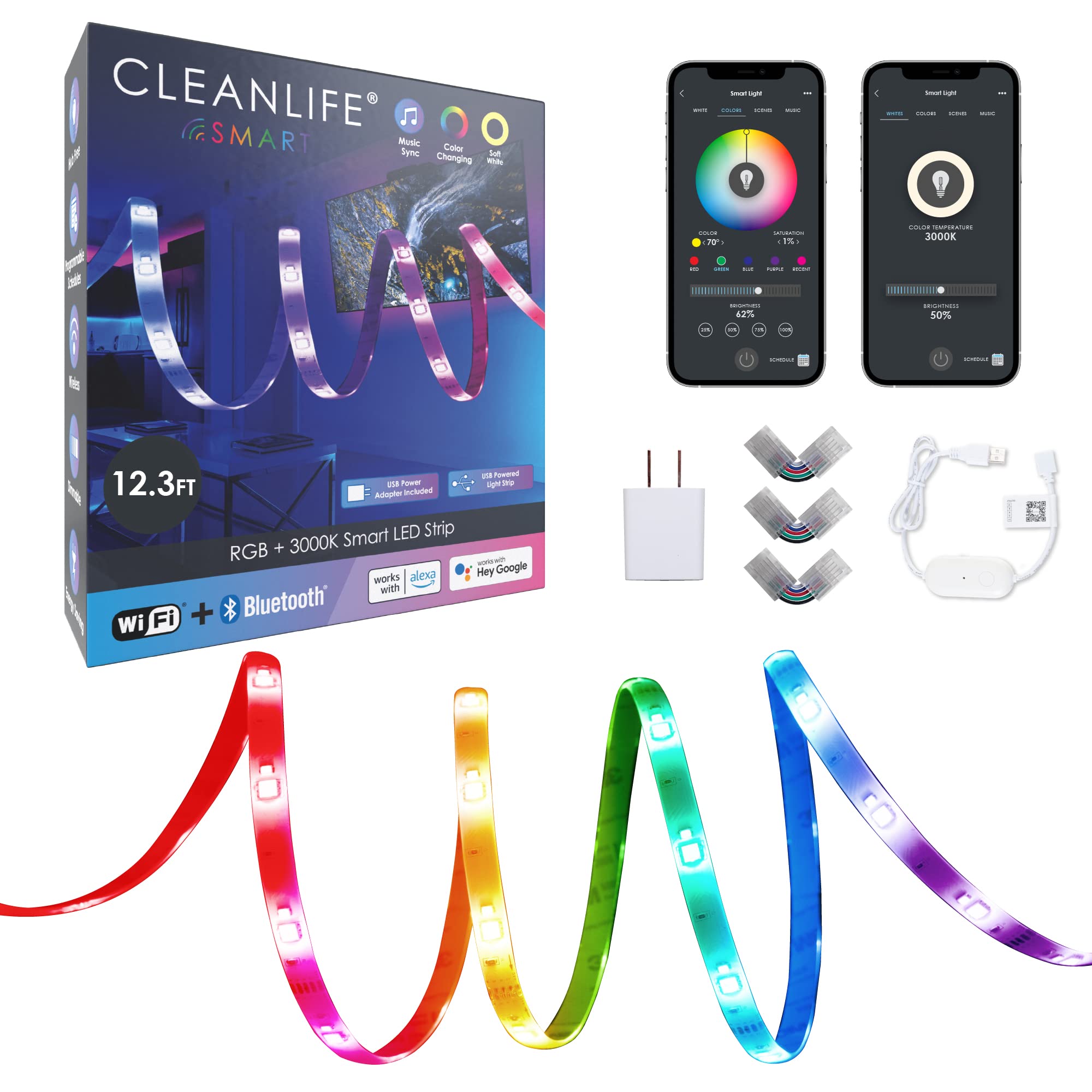 CLEANLIFE Smart LED Strip Lights - App Controlled USB Tape Light with WiFi Light Control - RGB+3000K Tunable, 5VDC USB Smart Light 12.3 ft