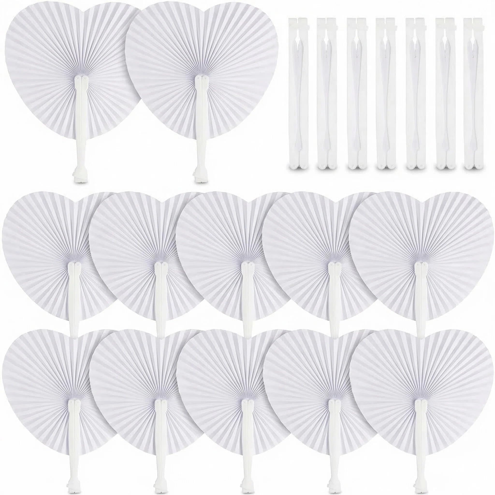 50Pcs White Heart Paper Fans Round Folding Fan Wedding Fans Chinese Handheld Fans with Plastic Handles for DIY Summer Wedding Birthday Party Favour (Heart-Shape)