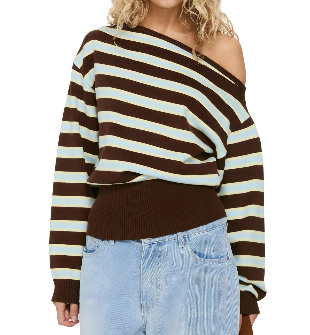 BAIGRAM Women Y2K One Off Shoulder Crop Sweater Vintage Striped Long Sleeve Asymmetric Knit Pullover Preppy Tops Fall