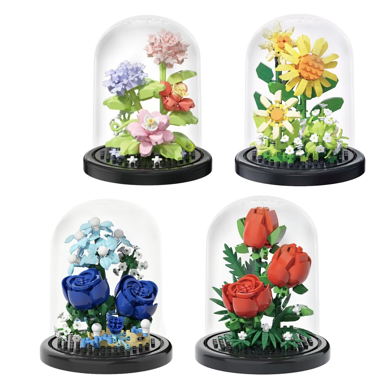 WULOBOOI 4 Assembly Bonsai Tree Flowers Micro Bricks Building Set with Dust Cover,Artificial Flowers Botanical Collection for Home Decor, Creative