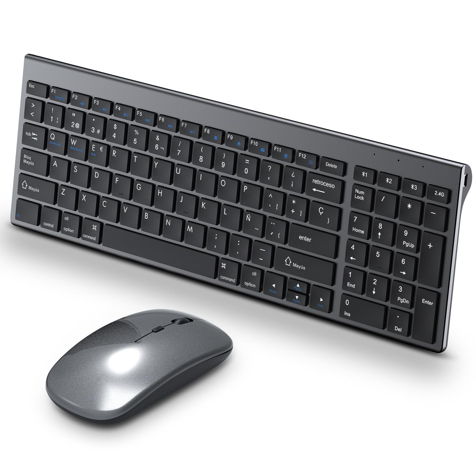 Teclado y Ratón Inalámbricos Recargable Tsemy - Bluetooth 5.0 y USB 2.4G Dual Mode, Diseño Español Compacto y Silencioso - Compatible con Windows, Mac, PC, Tablet