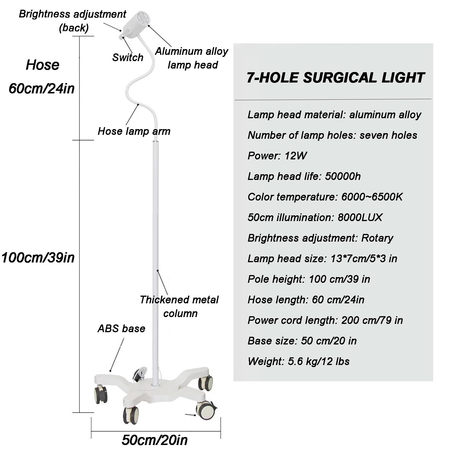 Lámpara de Examen Quirúrgico LED de 12 W, Lámpara Cirugía Menor Móvil con Lámpara de Cuello de Cisne Flexible, para Ginecología, Oftalmología, Luz de Tatuaje
