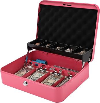 Decaller Large Cantilever Cash Box with Money Tray and Key Lock, Metal Money Box with 5 Coin Compartments & 4 Bill Clips for Home or Business, 11.81", Pink/Key