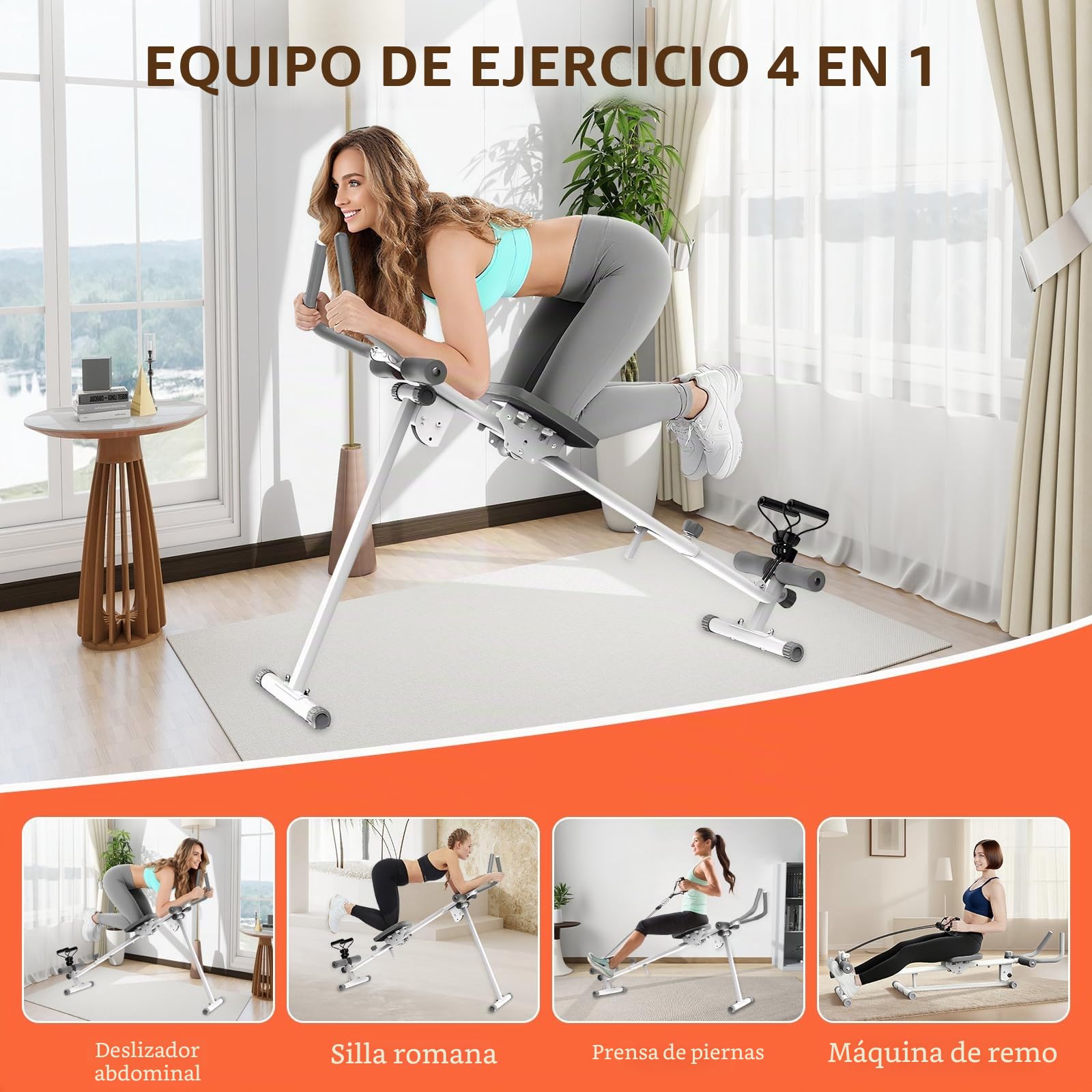 Máquina de remo para el hogar, equipo de ejercicio 4 en 1, plegable máquina de remo, máquina de prensa de piernas, máquina de empuje de piernas y silla romano, dispositivo interior para el gimnasio en