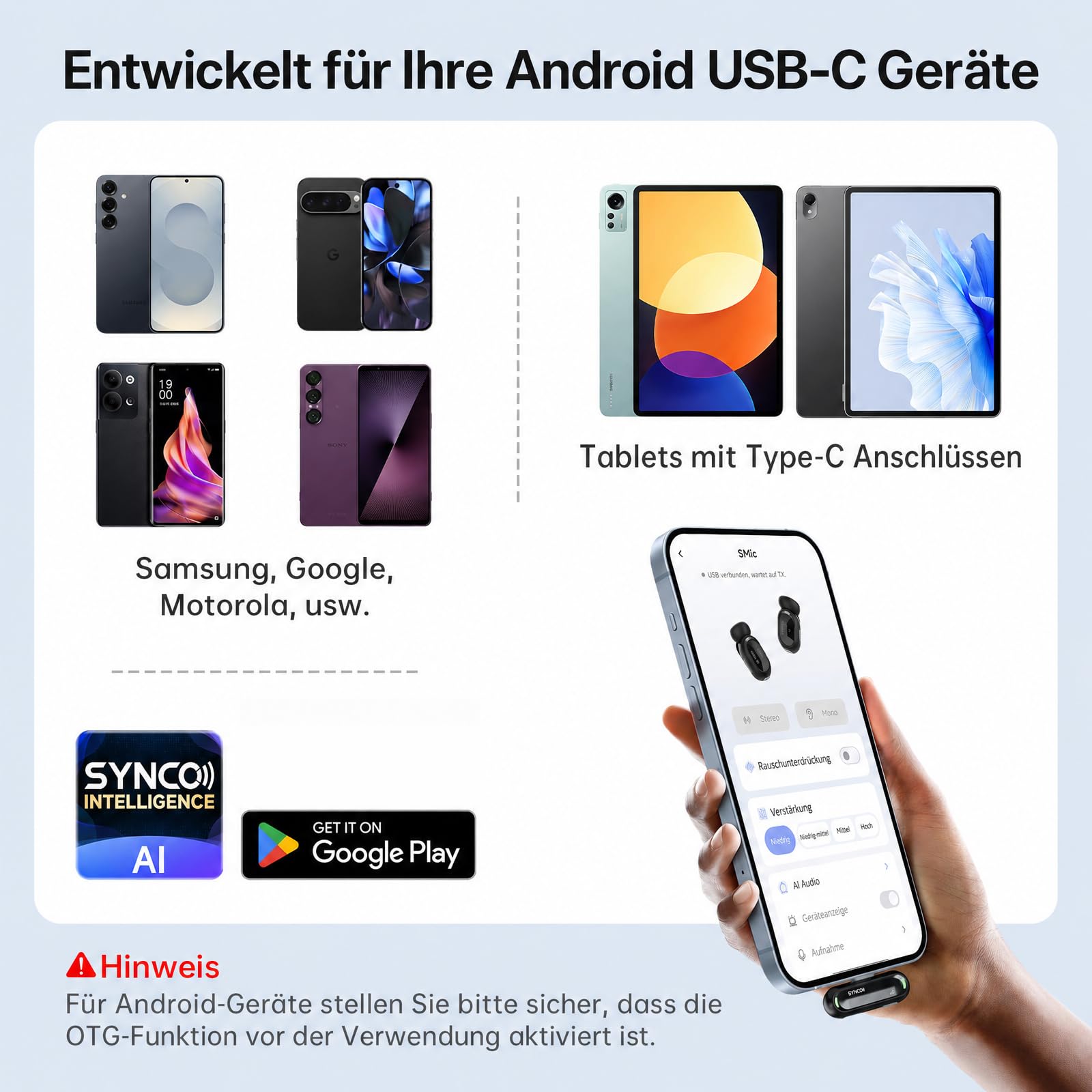 SYNCO SMICT KI Funkmikrofon für Android, Kabelloses Lavalier Mikrofon mit Echtzeit Übersetzung, AI App, Geräuschunterdrückung, USB-C, 2 Sender für Vlog, Streaming, Interview