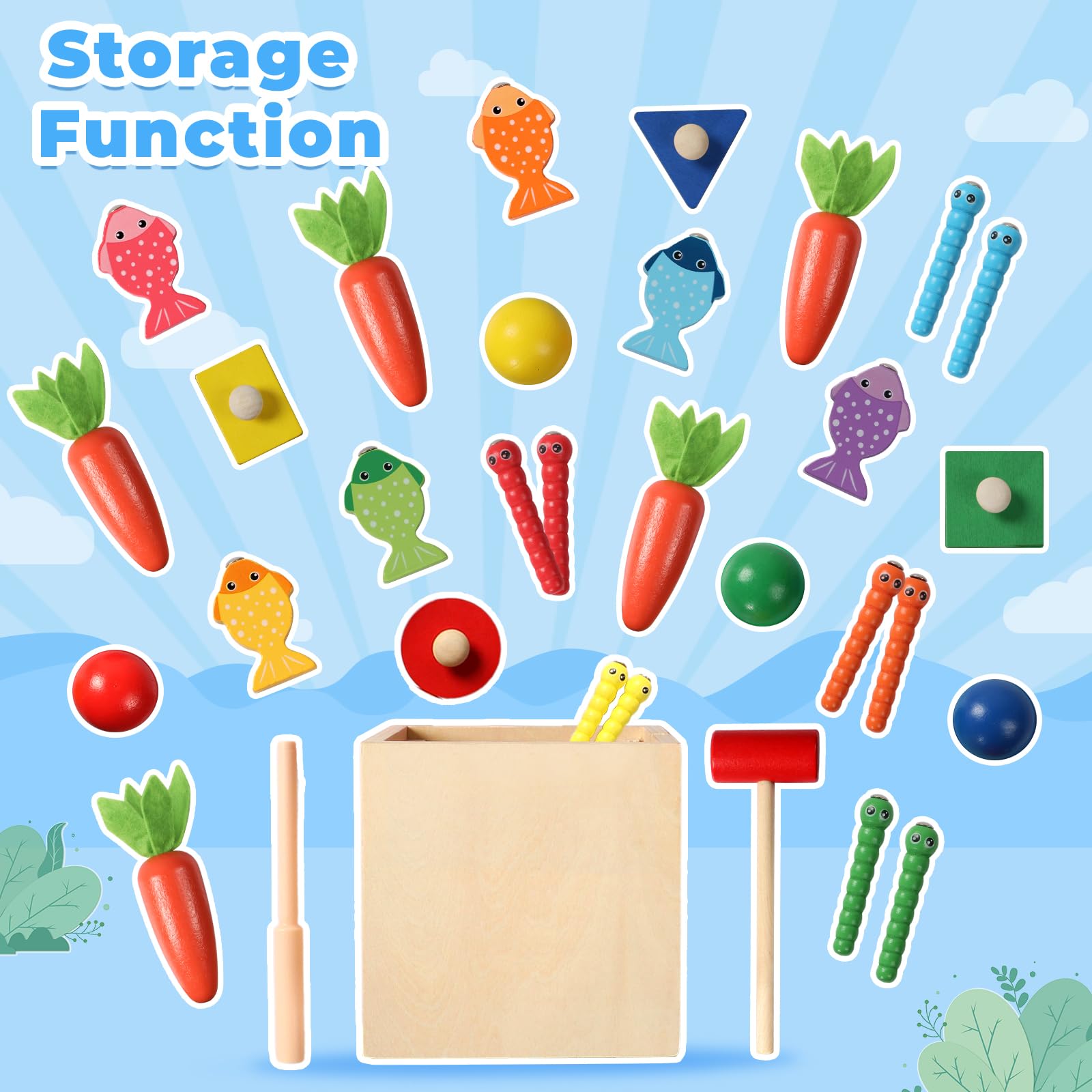 ZLLkeji Montessori Holzspielzeug 5-in-1 Set – Mit Angelspiel, Karottenernte, Sortieren, Stapeln & Fädeln – Lernspielzeug Ab 3 Jahren Für Feinmotorik & Kreativität