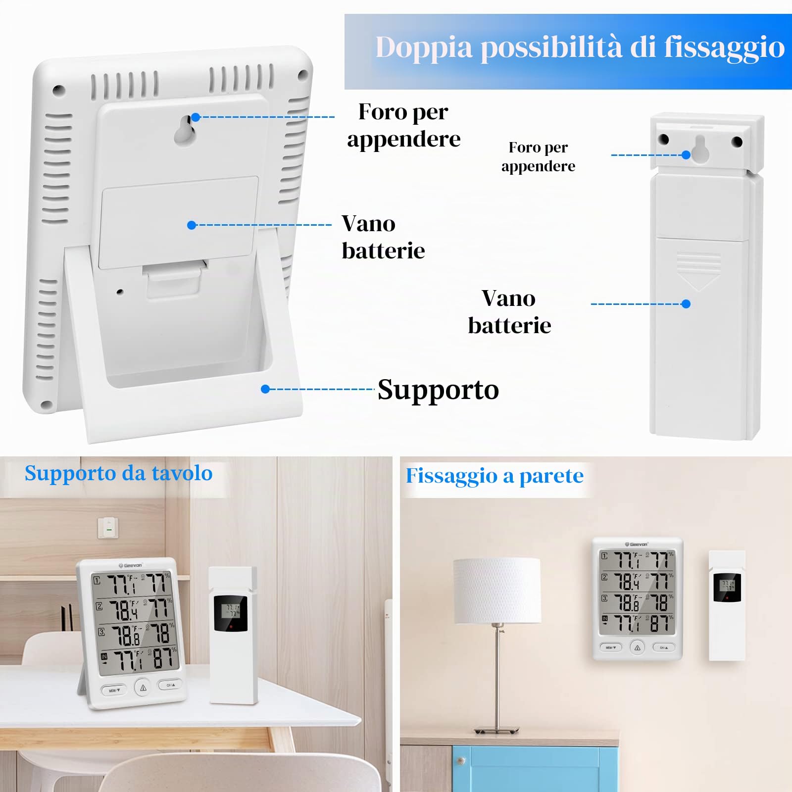 Geevon Termometro per interni ed esterni, wireless, con 3 sensori remoti, igrometro digitale, termometro per interni, misuratore di umidità della temperatura con portata di 60 m