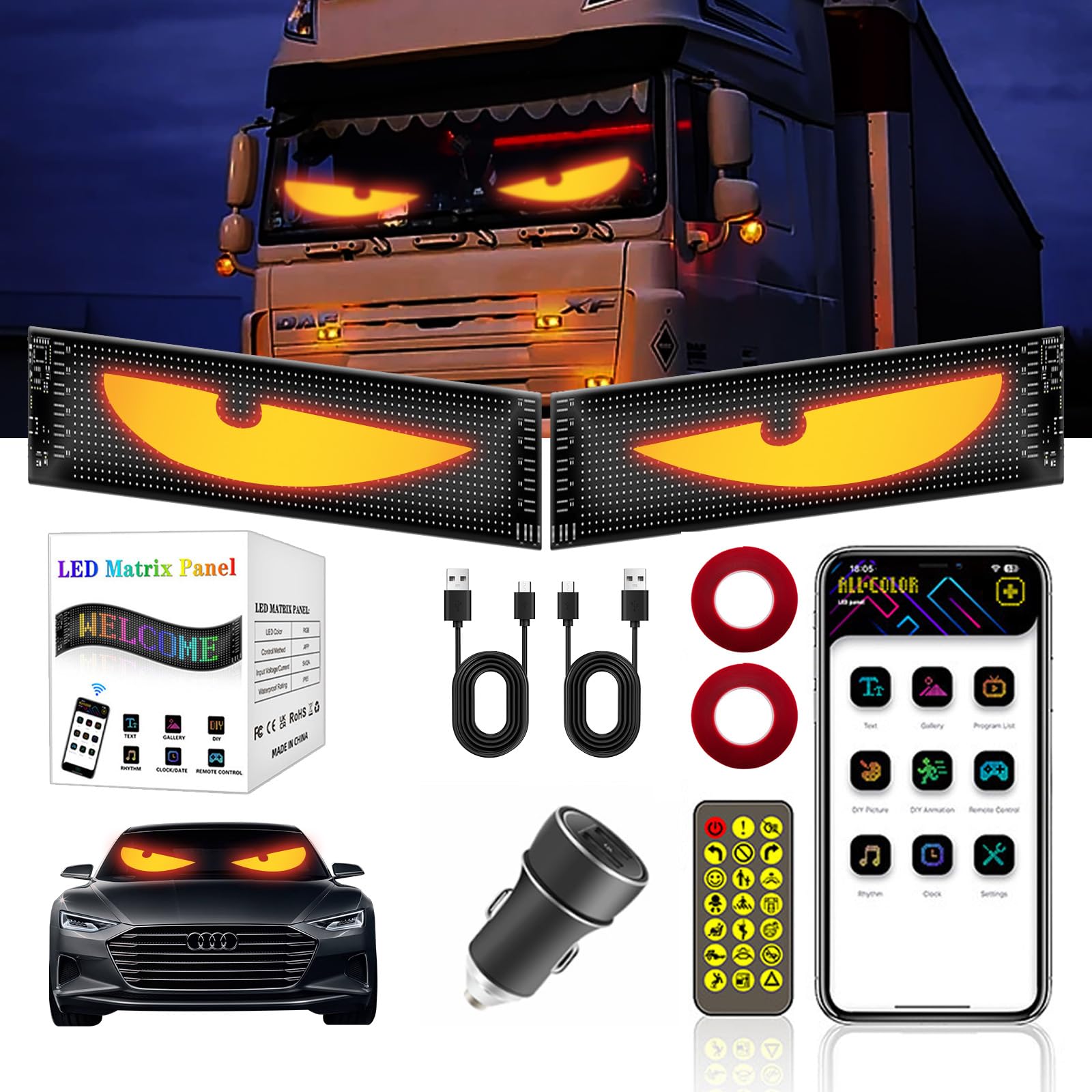 2 Pezzi Occhi LED per Camion, 120 * 595mm Occhi luminosi a LED Devil Eyes, Display Led Flessibile Grande Programmabile per Auto, Camion, Negozi, Design Dinamico Fai-da-Te