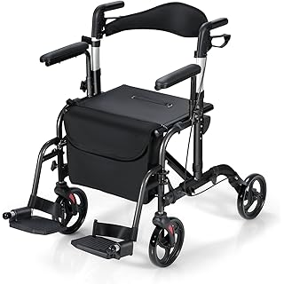 Goplus 2 in 1 Folding Rollator Walker, 4 Wheel Medical Walker with Seat, Backrest, Height-Adjustable Handle, Aluminum Transport Chair Mobility Walking Aid, Rolling Wheelchair for Adults Seniors