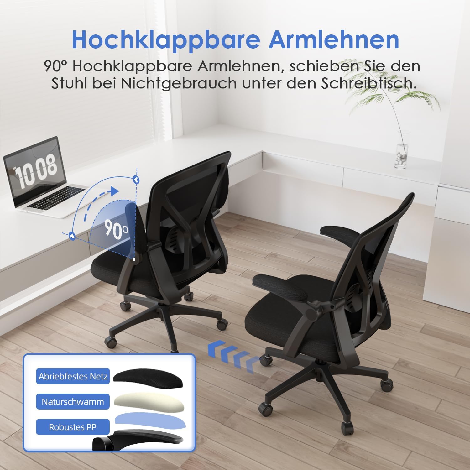Hinonde Bürostuhl,Schreibtischstuhl mit Hochklappbare Armlehnen und Wippfunktion,Drehstuhl,Höhenverstellbarer Bürostuhl ergonomisch Home Office Stuhl mit Atmungsaktivem Netz,Bis zu 150kg