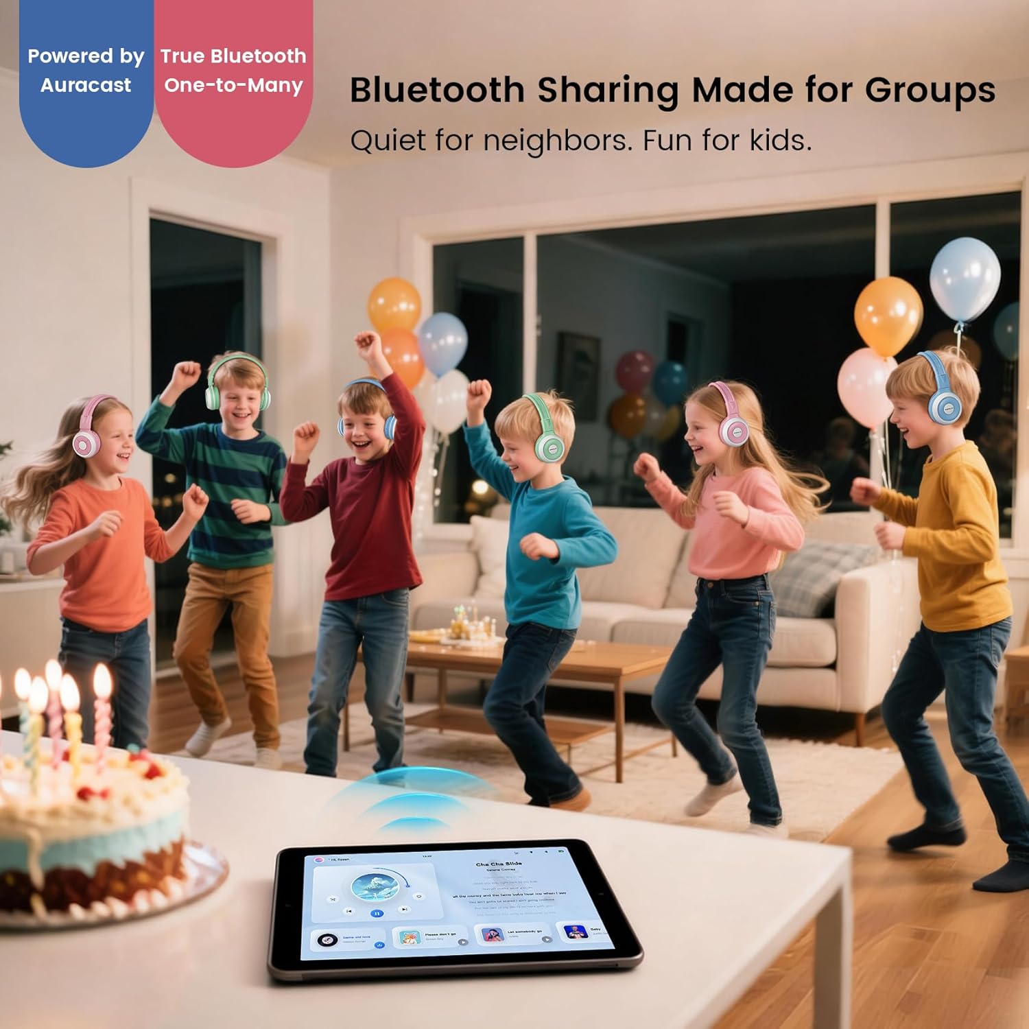 SIMOLIO Kids Bluetooth Headphones with Auracast Audio Sharing for Group Listening - Stream from One Bluetooth Device to Multiple Headphones, Foldable with Mic for School, Travel & Online Learning