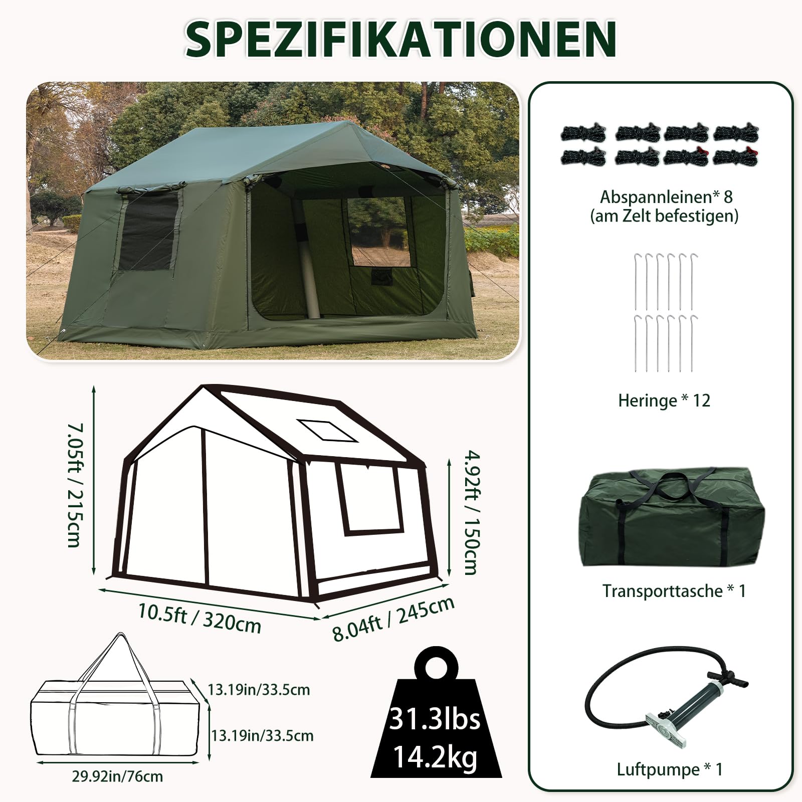 Tente de camping gonflable avec ouverture de cheminée, tente gonflable pour 4 à 6 personnes avec pompe à air, tentes gonflables en tissu Oxford imperméable pour les saisons, montage rapide
