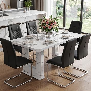64.5" Modern Faux Marble Dining Table Set for 6, White Dining Room Table Set with Sculptural Double Pedestal Base & Tempered Glass Accents, Rectangular Dining Table Set for Kitchen,Easy Assembly
