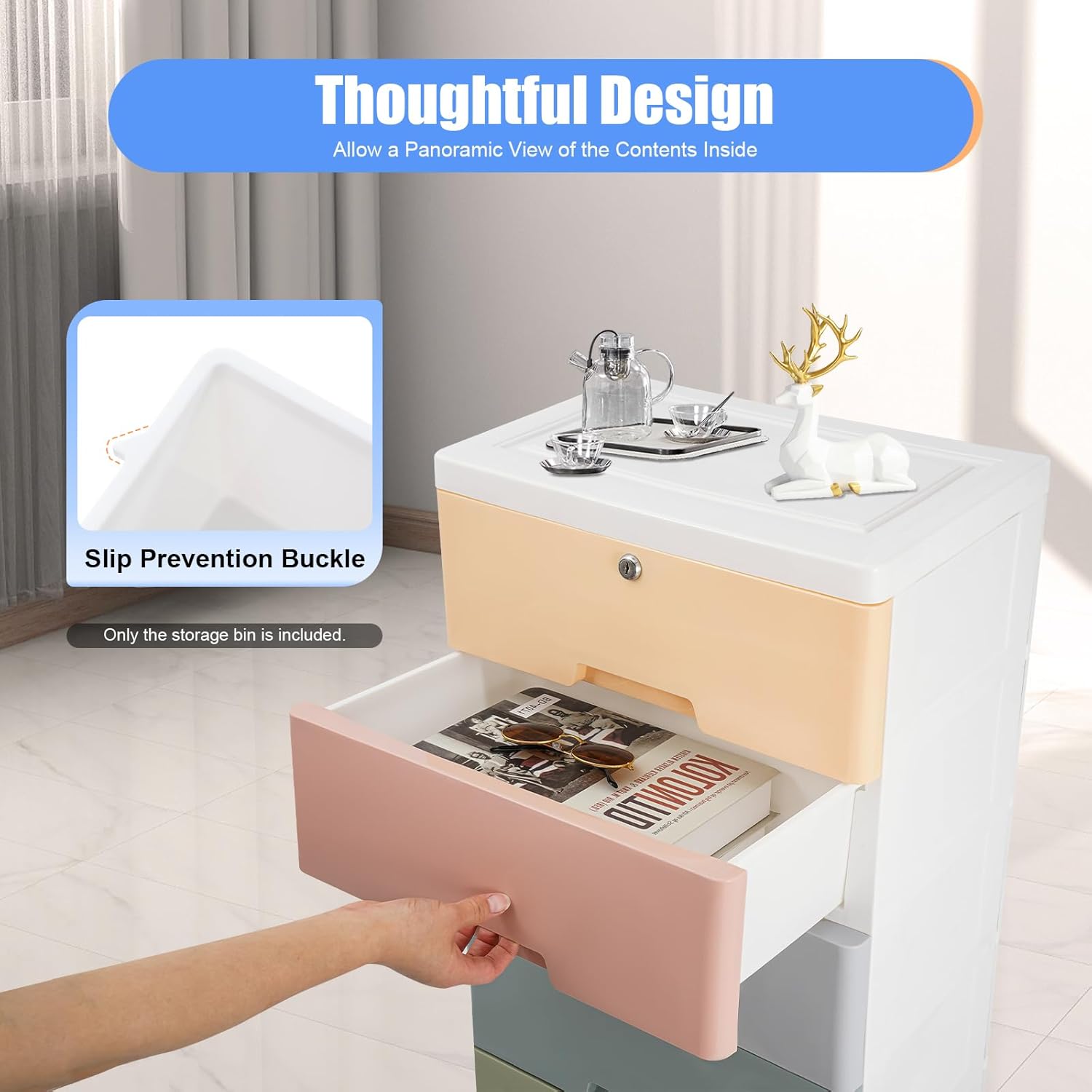 5 Layers Tall Plastic Drawers Dresser Rack, Modern Portable Storage Cabinet with 4 Wheels, Store Bin Cabinets for Bedrooms Living Rooms Studies Powder Rooms (Macaron)