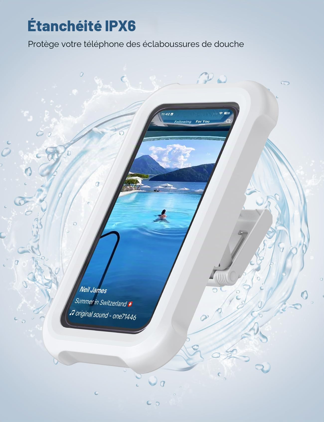 Lamicall Support de Téléphone de Douche Étanche, Étui Boîtier de Téléphone Étanche pour Mural - [360°Rotation & 120°Réglable] 3 Crochets Muraux Adhésifs, Support Mural de Bain pour 4 à 7" Smartphone