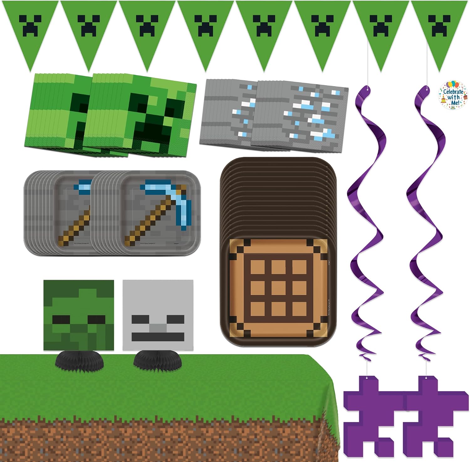 Unique Minecraft Party Supplies | Tabletop & Decor Kit | Serves 16 | Officially Licensed | Plates, Napkins, Table Cover, 5-Piece Decorating Kit | Gamer Birthday Decorations for Backdrops & Tables