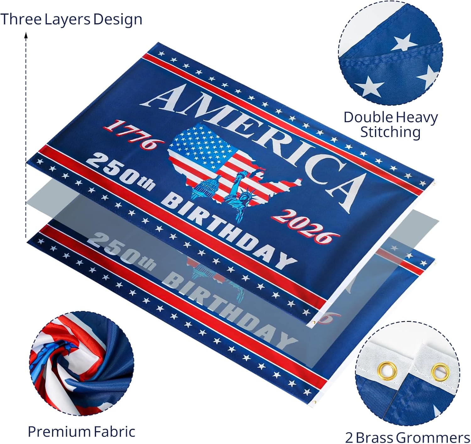 250th Anniversary American Flag - 3x5 Ft Double Sided 3 Layers Patriotic Flags - 4th of July Decorations Independence Day 250th Anniversary Flag for Indoor Outdoor Decoration