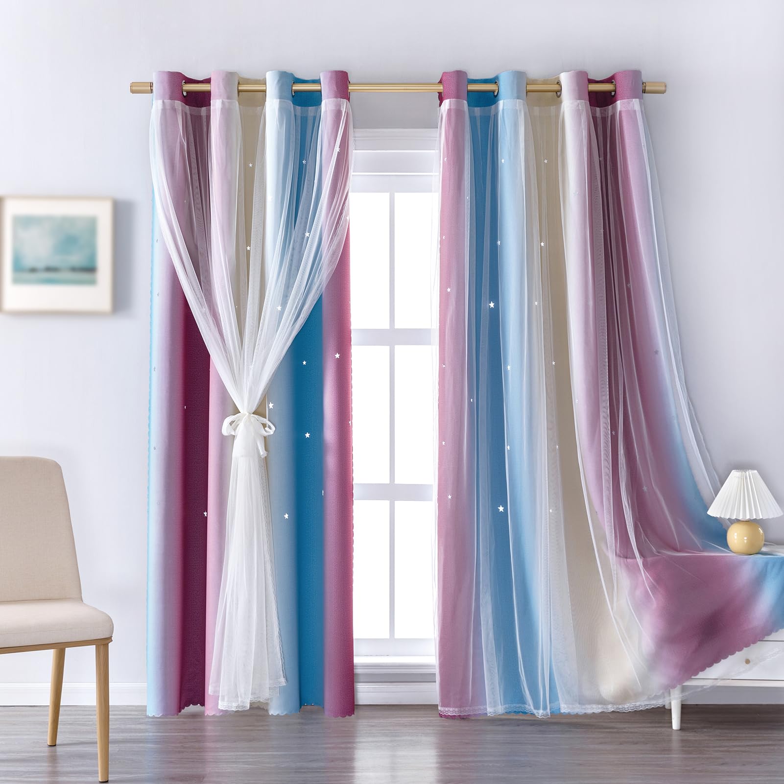 indistar Colourful Stripe Star Cut-Out Blackout Curtains for Bedroom,2 Layers Mix Design of Fabric &amp; Tulle,Pretty Window Curtain for Kids Room 1 Panel (W52 x L72 Purple/Blue)