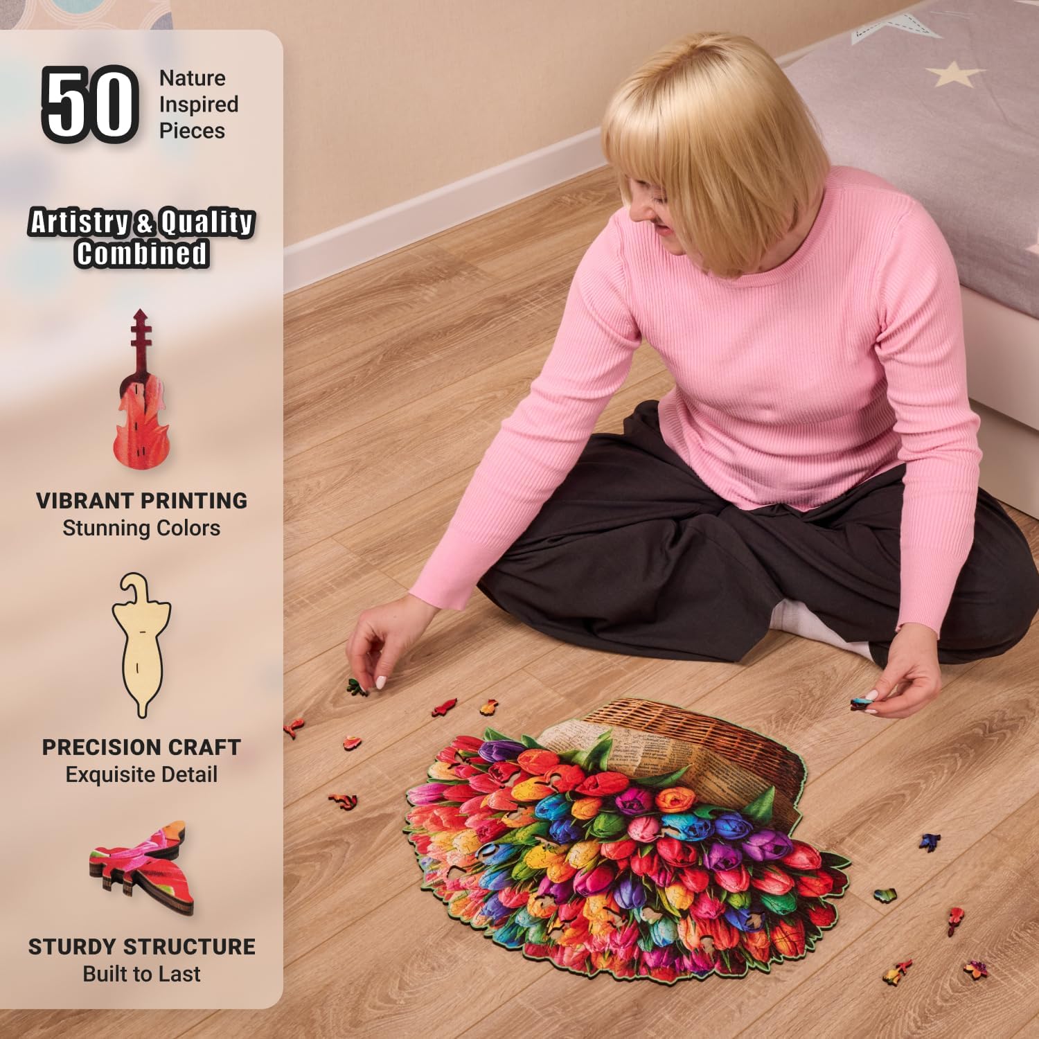 LEOGOR Wooden Jigsaw Puzzles for Adults 500 Pieces (20.6 x 16.9 in), Rainbow Flower Puzzle, Large Tulip Mosaic Wood Puzzle with Unique Animal Shapes, Extra-Thick 5mm Pieces, Premium Gift for Women