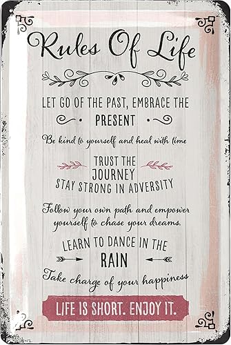 Letrero de lata vintage 7 reglas de vida, creencia en el hogar, felicidad y decoración de cocina, reglas familiares y de la casa 12 x 8 pulgadas
