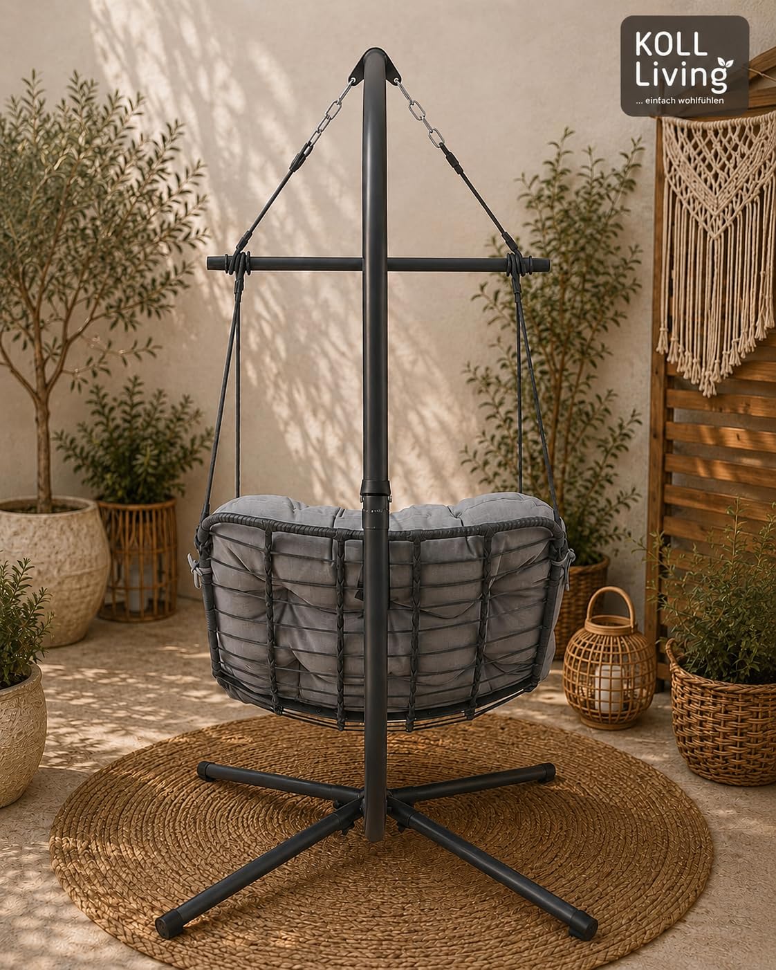 Koll Living Outdoor Hängesessel Nova | Dunkelgrau/Hellgrau | B110 x T101 x H194 cm | Stahlgestell pulverbeschichtet | UV-beständig & belastbar | Relaxsessel für Garten, Balkon & Terrasse
