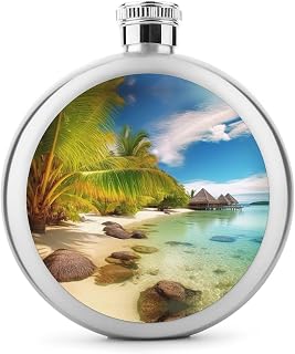 Flask,Flask for Men, Tropical Beach Scenery Printed Hip Flask,Stainless Steel Flask,Alcohol Flask,for Whiskey And Other Liquor