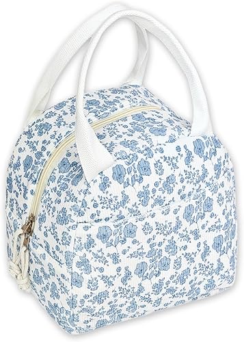 Lonchera para Mujer, Lonchera Aislada Reutilizable, Bolsas Tote Florales de Cordobés para Mujer, para Oficina, Trabajo, Viaje, Picnic Flores azules