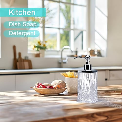 Miniatura 6 de Dispensador de jabón de vidrio transparente de 10 onzas, hecho a mano, sin plomo, dispensador de desinfectante de manos con bomba plateada para