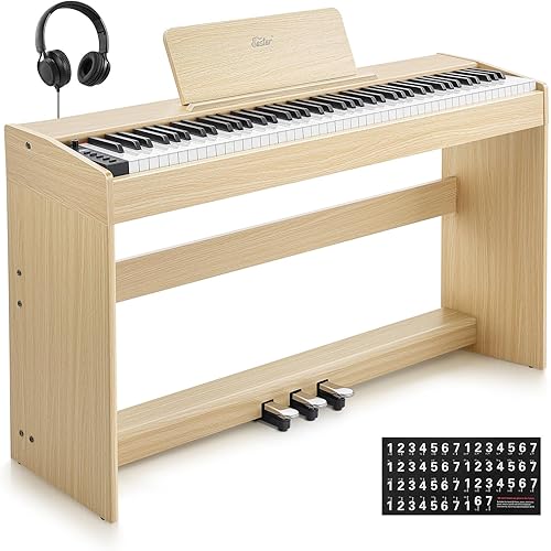 Eastar EUP-110 Digital Piano 88 Key Weighted Keyboard, Full-Size Home Electric Piano for Beginner, with Headphone, Music Stickers, Screen, 3-Pedal, Wireless Conection, Recording - Light Wood Color