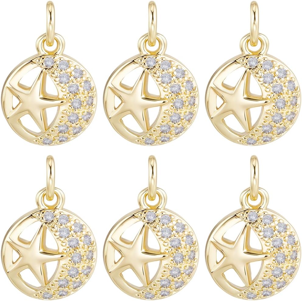 Beebeecraft 1 Box 10Pcs Cubic Zirconia Charms 18K Gold Plated Brass Flat Round with Star & Moon Charms for Earring Necklace Bracelet Jewelry Making