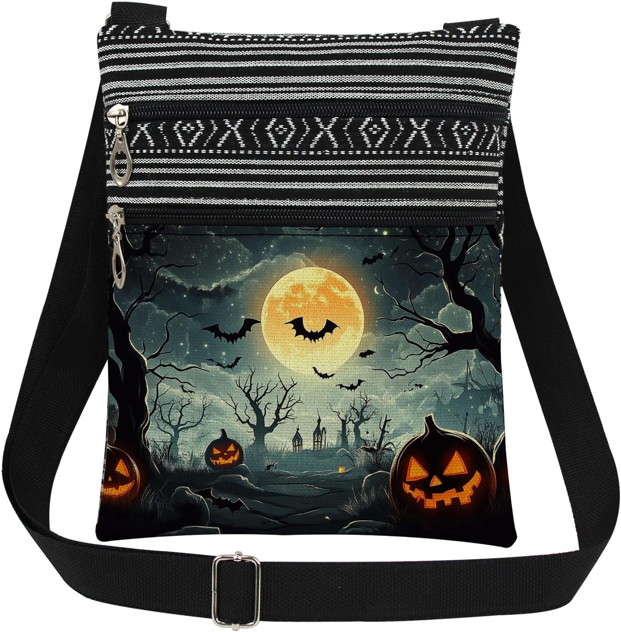Halloween Night Adjustable Strap Crossbody Bag Moon Pumpkin with Bat Swarm Print Adults Messenger Bag Halloween Party or Birthday ??Gift for Friend