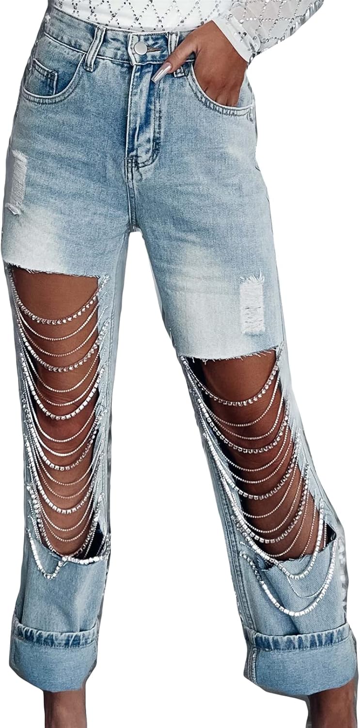 Hotheart Womens Sexy Ripped Distressed Destroyed Rhinestones Chain Party Clubwear Denim Pants Jeans