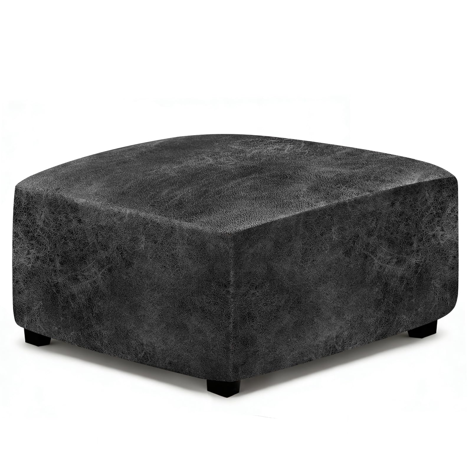 ANARACHON Leather Like Ottoman Cover, Stretch Small Square Ottoman Covers, Rectangular Ottoman Slipcovers with Removable Washable Non-Slip Elastic Bottom for Footstools (02 Dark Grey, XX-Large)