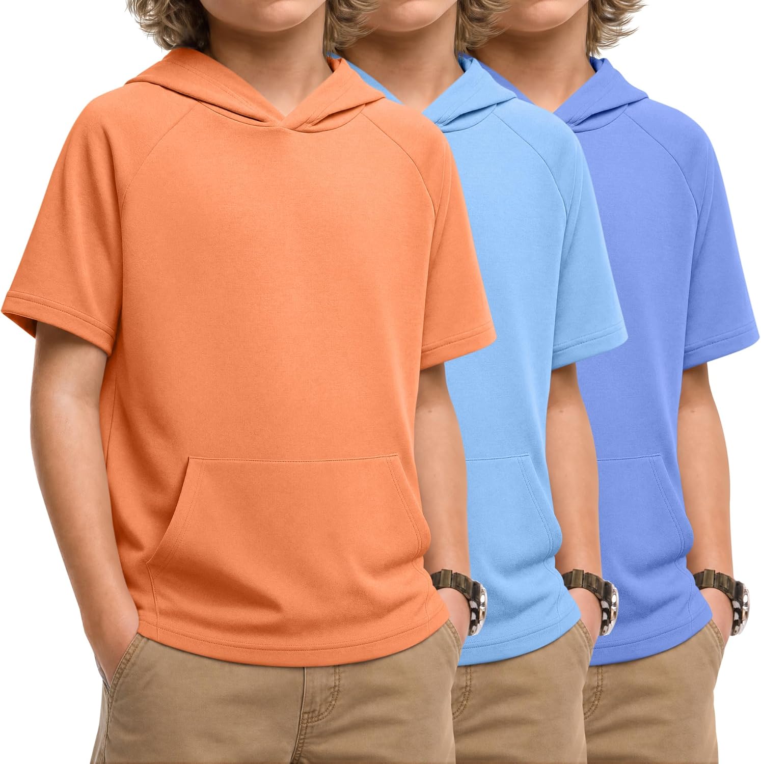 Xaatren 3 Pack Boys Short Sleeve Hoodie Kids Summer Pullover Shirt with Pocket Teen Athletic Hoodie Sweatshirt Back to School