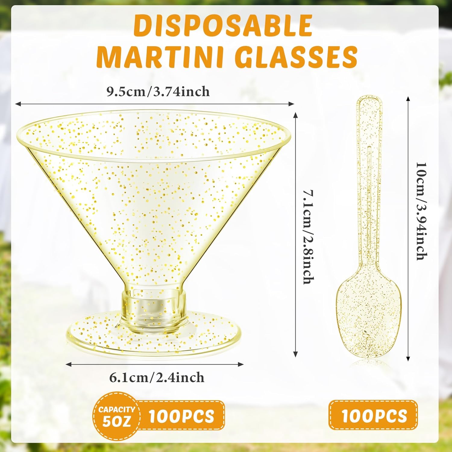 Yinkin 100 Cups and 100 Spoons Plastic Martini Glasses Disposable Cocktail Glasses Mini Martini Plastic Cups Dessert PVC Shot Unbreakable with Spoons for Weddings Party Wine Food (Glitter Gold,5 oz)