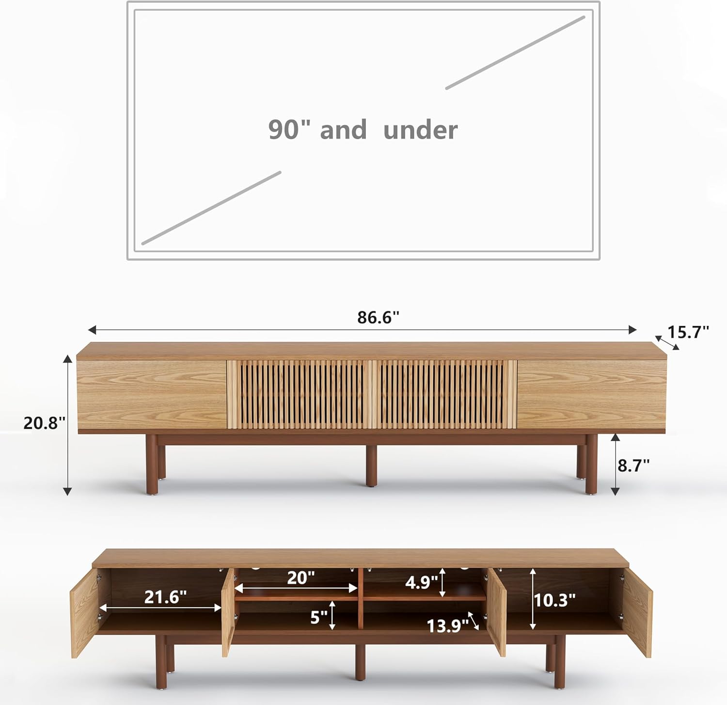 88.6" Solid Wood TV Stand, Fully Assembled Mid-Century Modern TV Console with Slatted Doors, Large Storage Cabinet Entertainment Center for Living Room & Bedroom, Fits TVs up to 90", Walnut Furniture