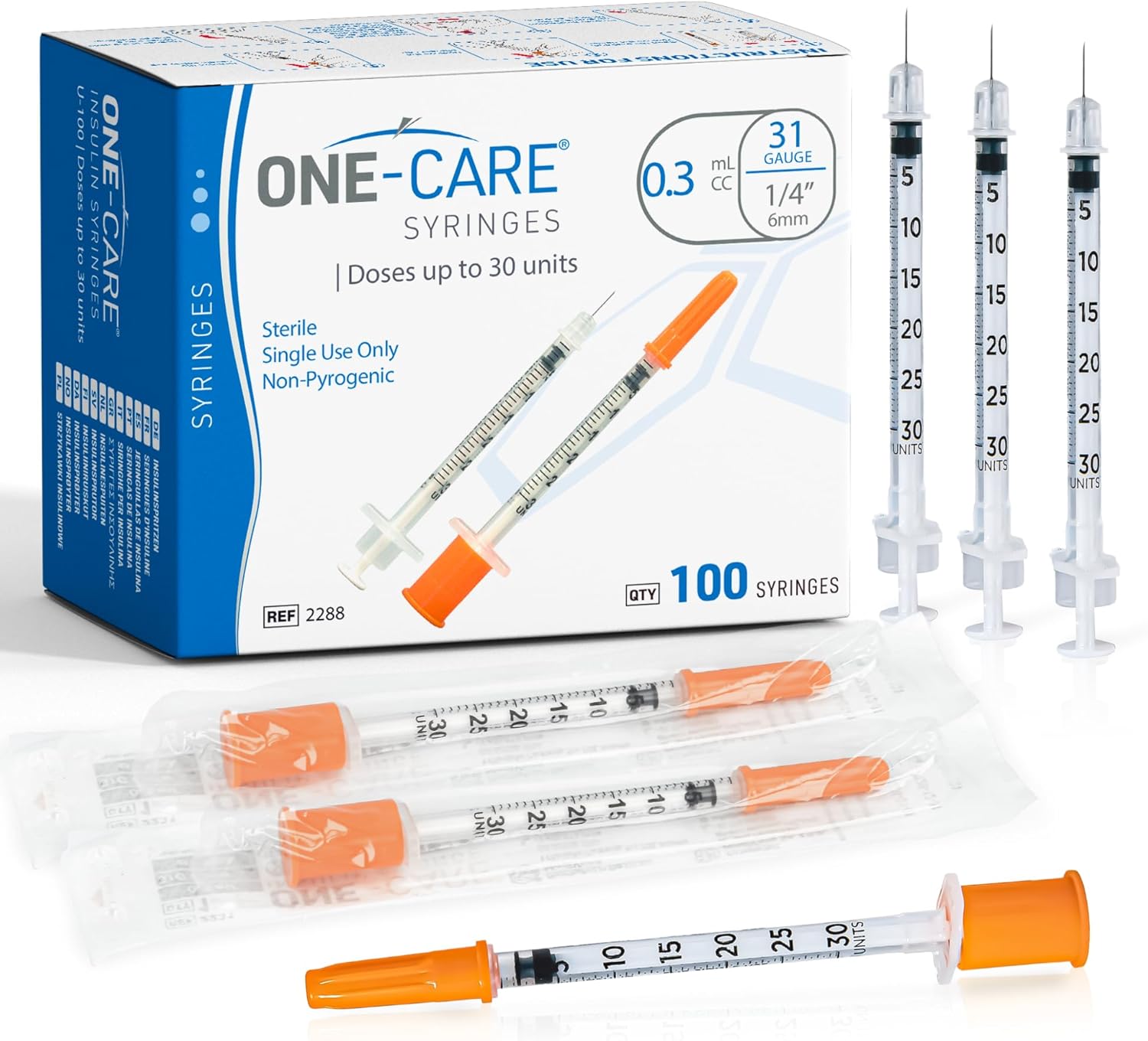 ONE-CARE Syringe 0.3 ml/cc, 31G x 1/4’’ (6mm), Individually Wrapped, Orange Cap, Box of 100 pcs