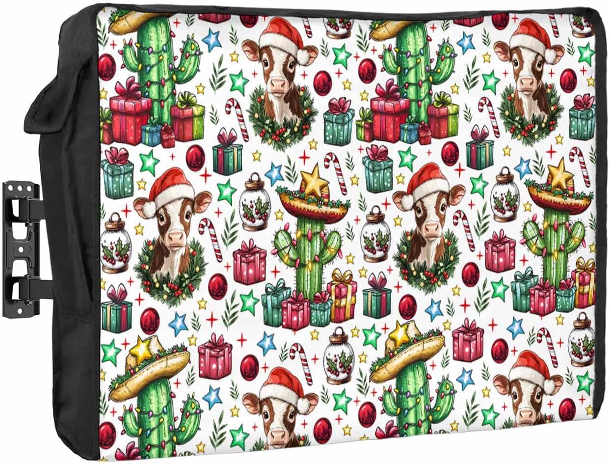 Christmas Cowboy White Outdoor TV Cover 60"-65" - 600D Waterproof TV Cover Weatherproof TV Screen Protector Dustproof Western Winter Xmas Candy Balls TV Display Protector for Outside Flat Screen TV