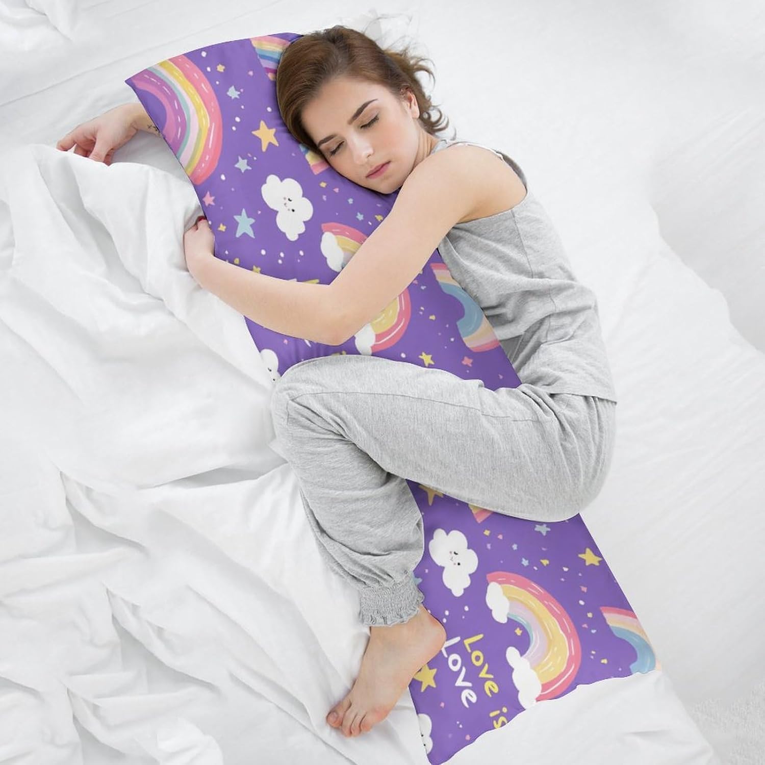 Love is Love Clouds Rainbows Stars Body Pillow Cover Long Cushion 18.9x53.1 Inch